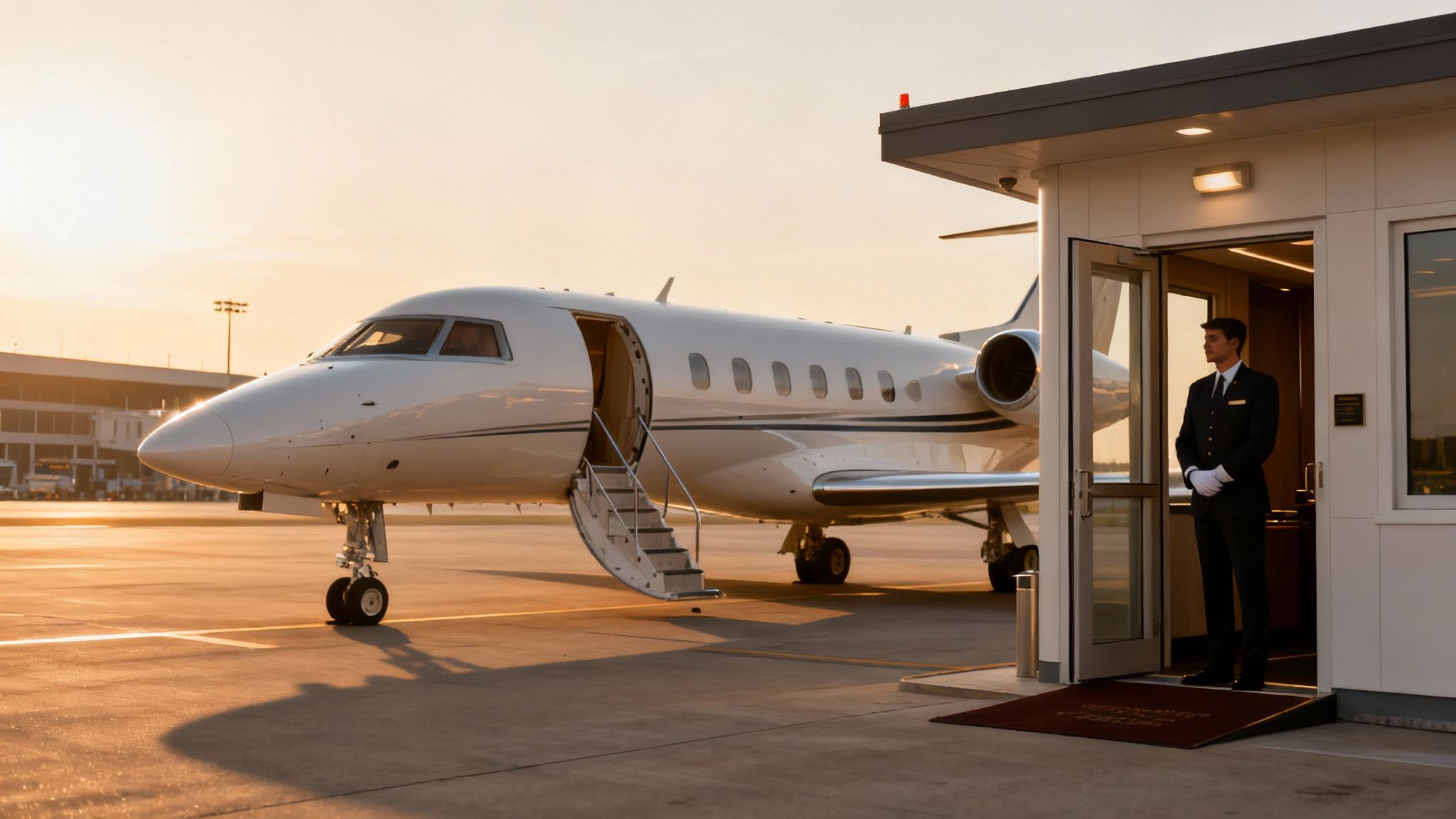 A luxurious private jet parked at an FBO facility with an attendant standing at the entrance during sunset.