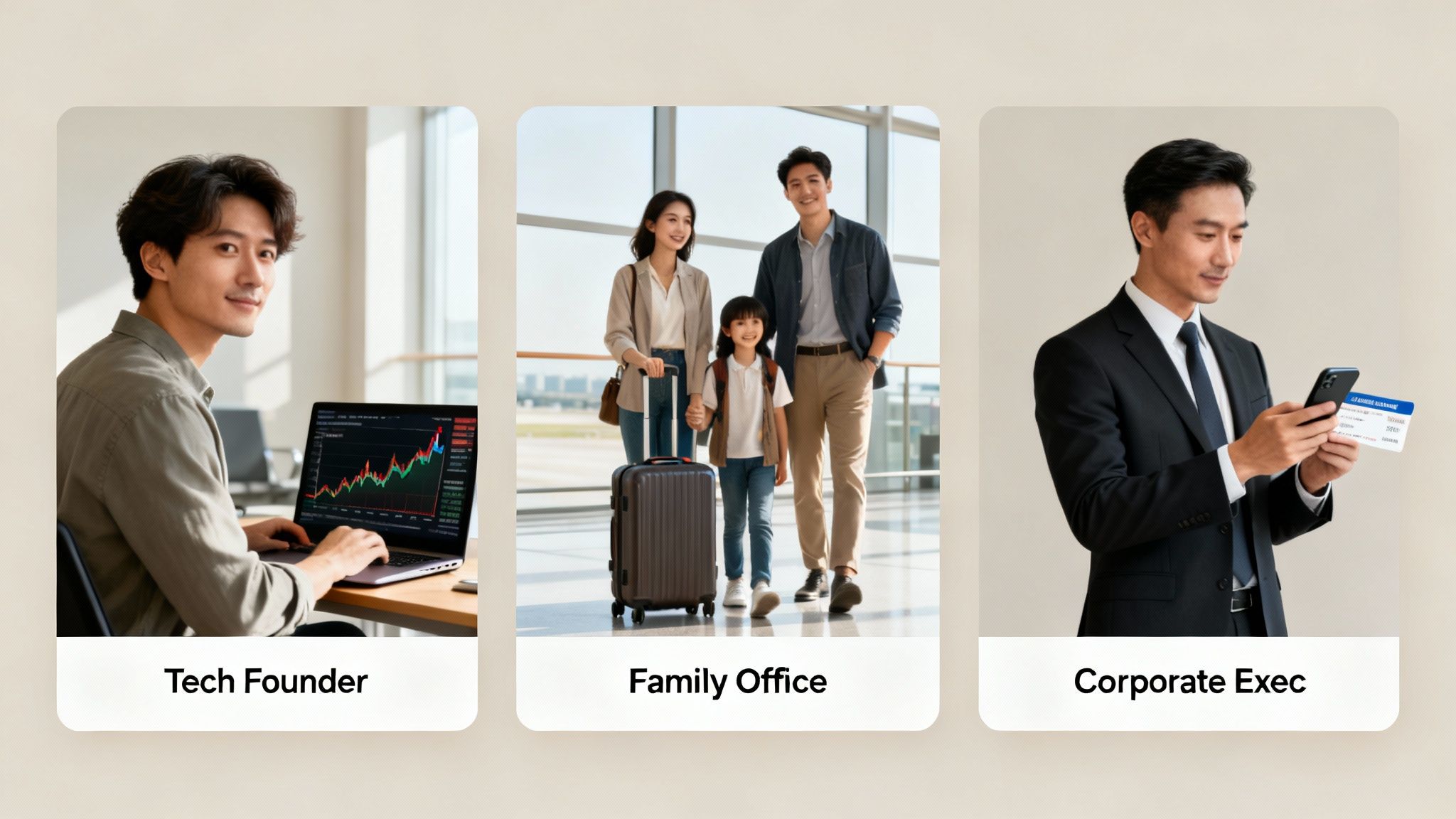 Three panels show a tech founder, a traveling family, and a corporate executive, representing diverse affluent clients.