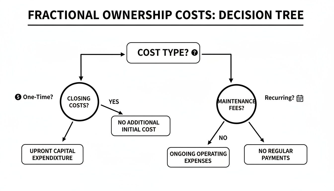 Decision tree illustrating fractional ownership costs, distinguishing one-time closing costs from recurring maintenance fees.
