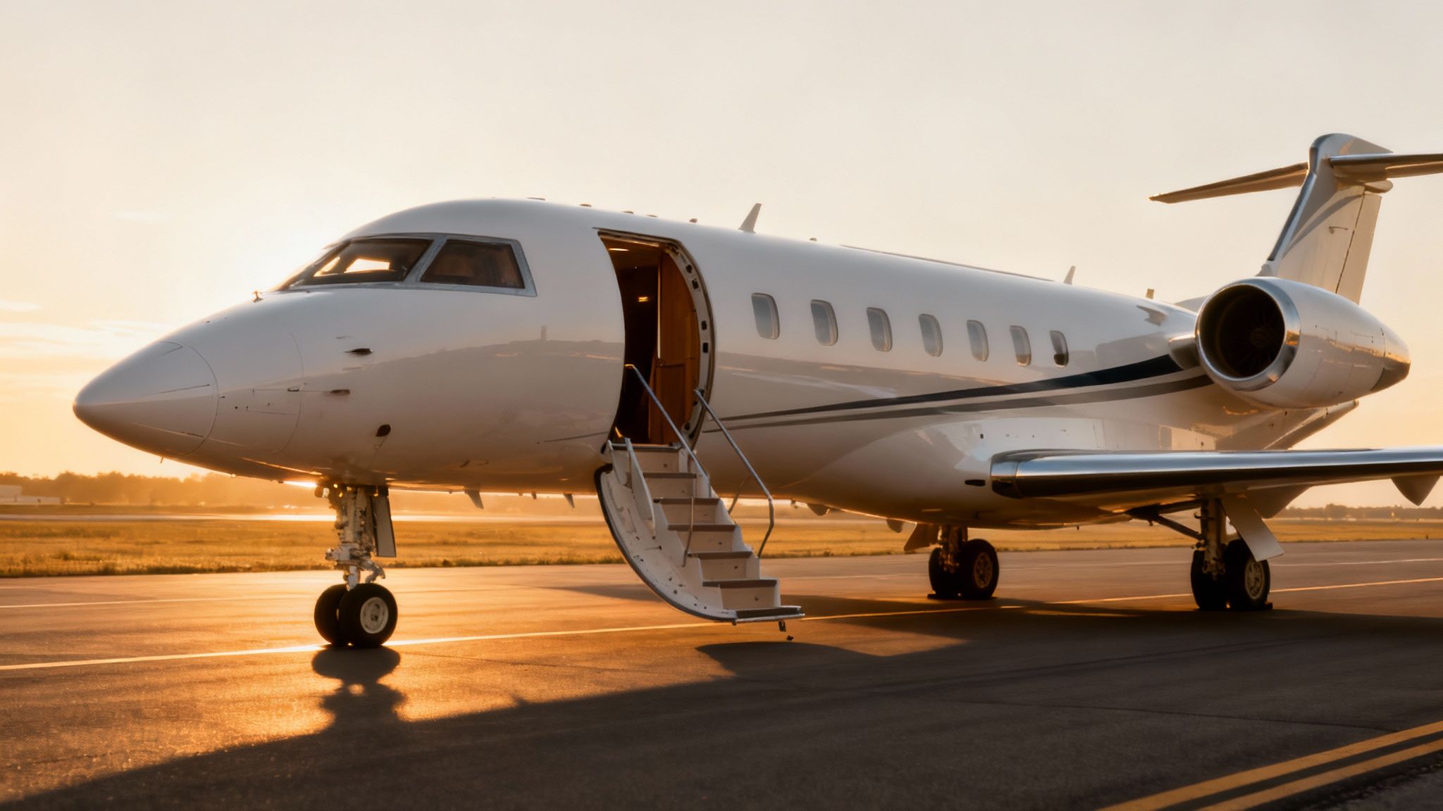 A luxurious white private jet with its boarding stairs extended, bathed in golden sunset light on an airfield.
