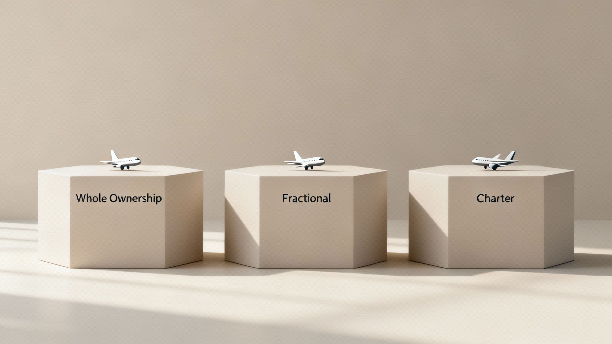 Three pedestals with miniature private jets illustrating whole, fractional, and charter ownership models.