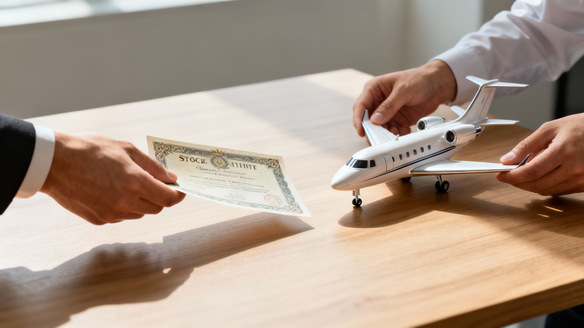 Hands exchanging a stock certificate for a private jet model on a wooden table.