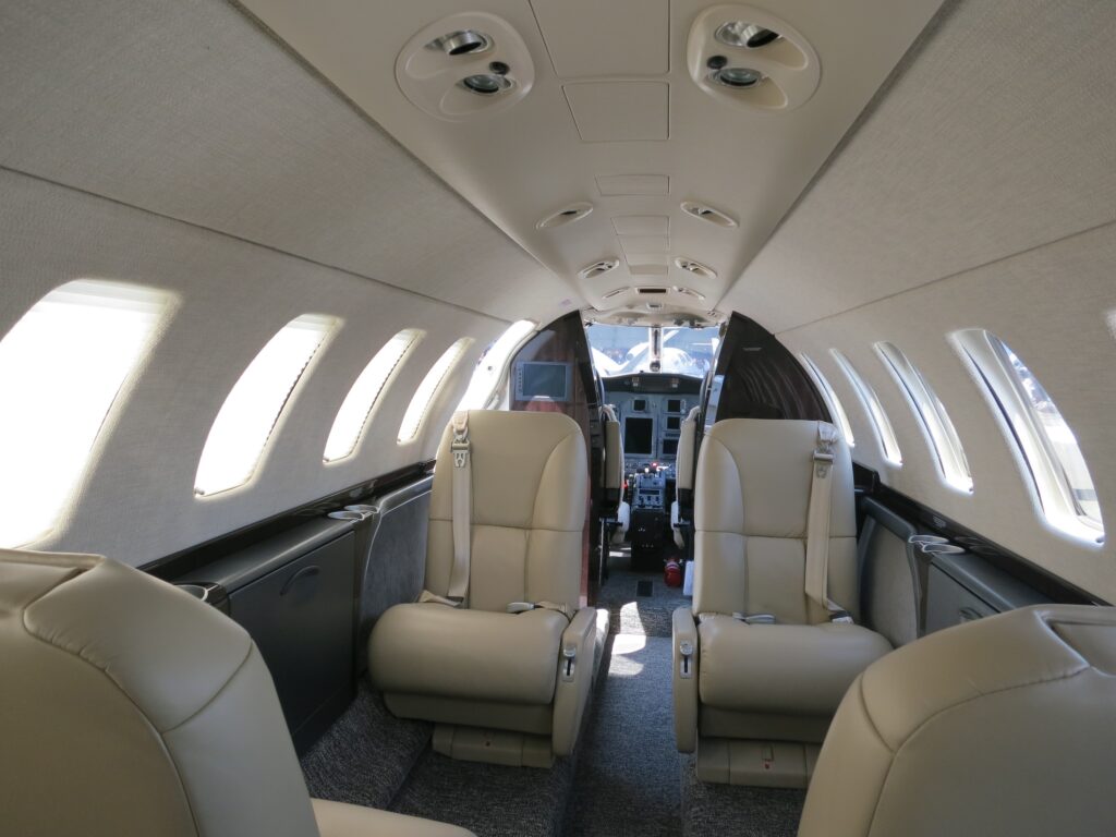 Cessna Citation CJ3 interior from the rear of the cabin looking forward