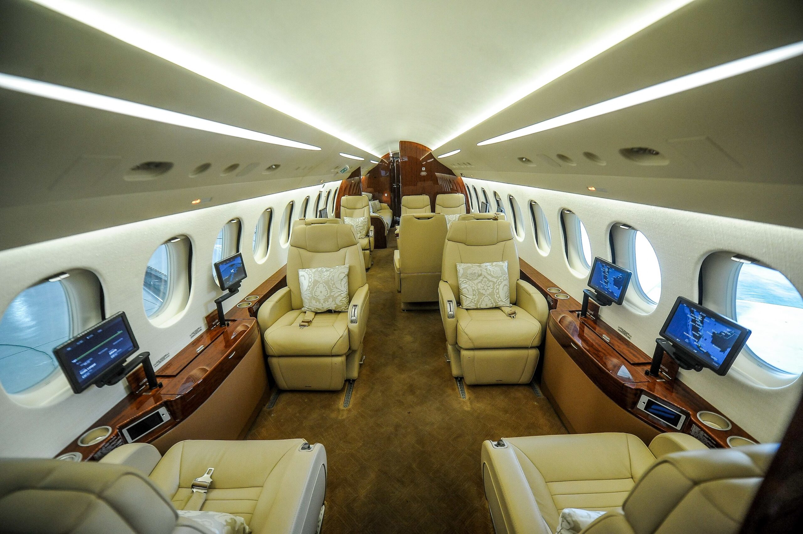 Interior of Dassault Falcon 8x aircraft private jet at Subang Jaya Airport