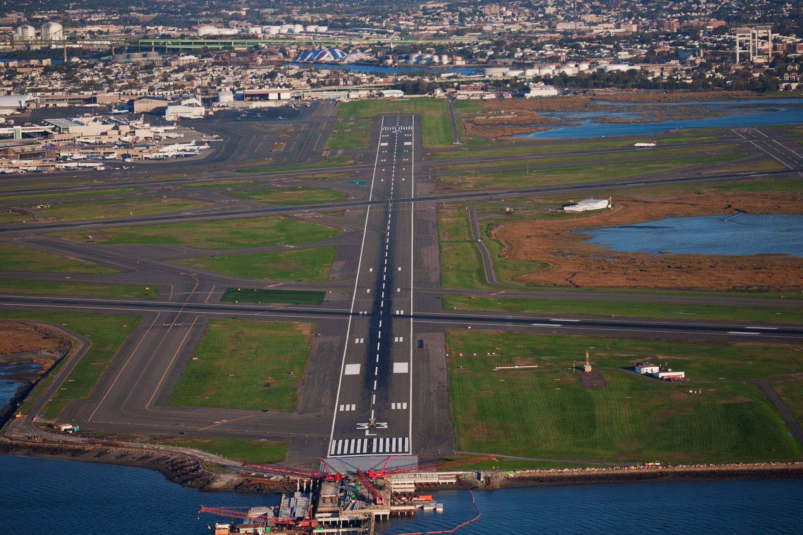 Aerial view of runway 33L at Logan International Airport, Boston, MA