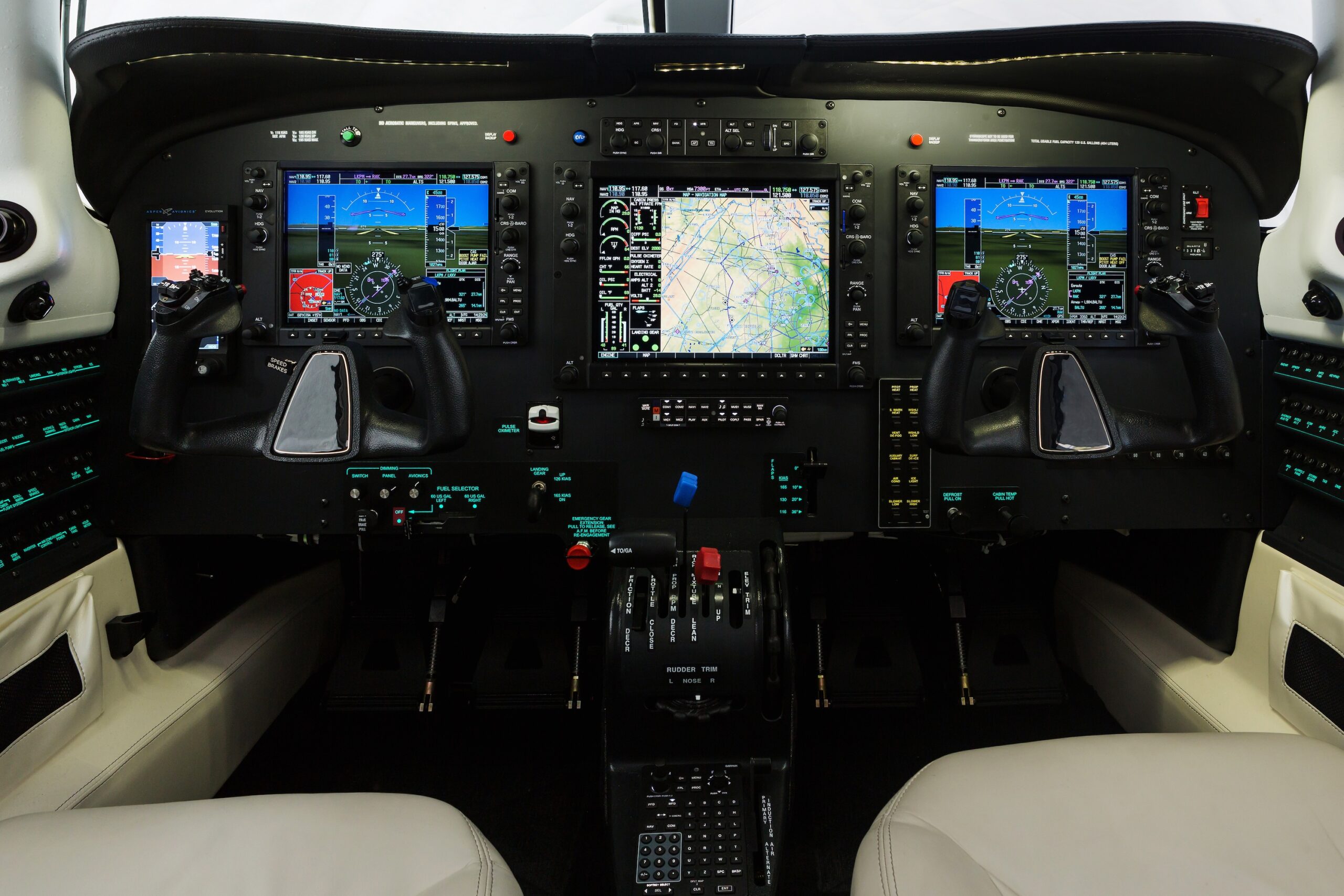 Cockpit of turboprop aircraft with avionics powered on