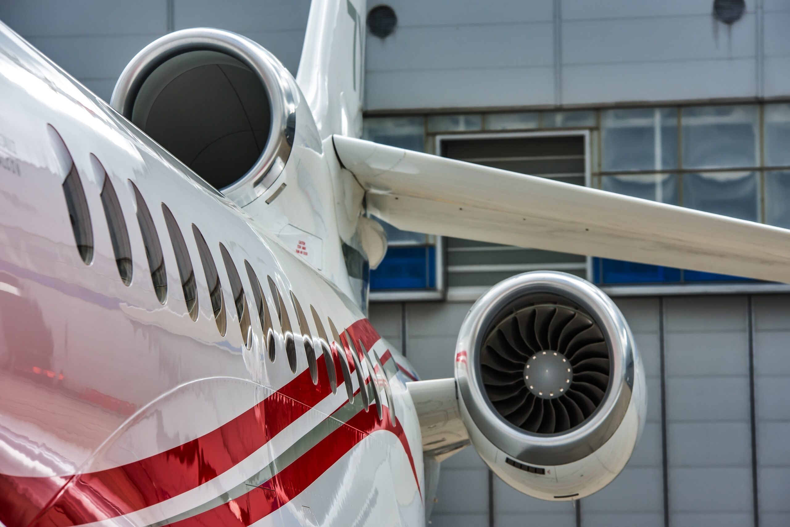 Close up view of Dassault Falcon aircraft with three engines