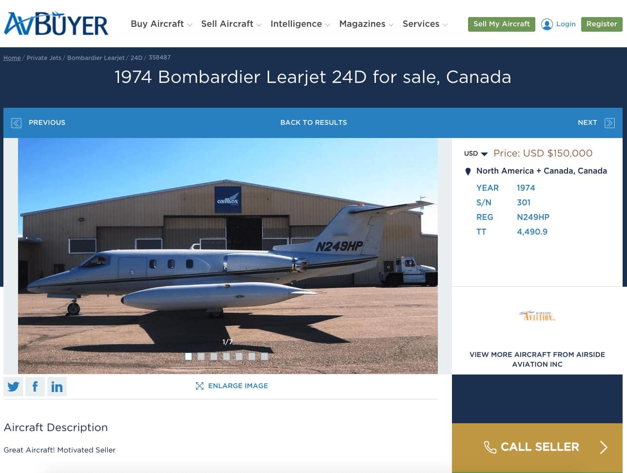 Learjet 24D for sale with AVBuyer - purchasing a private jet