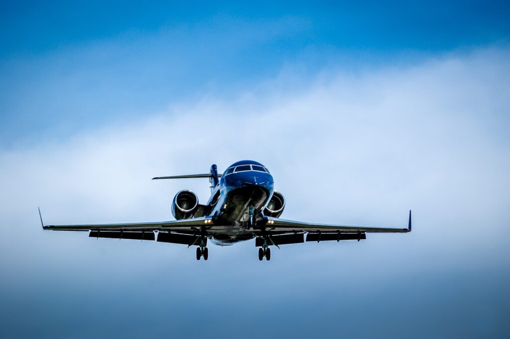 Bombardier Challenger 600 black private jet coming for landing