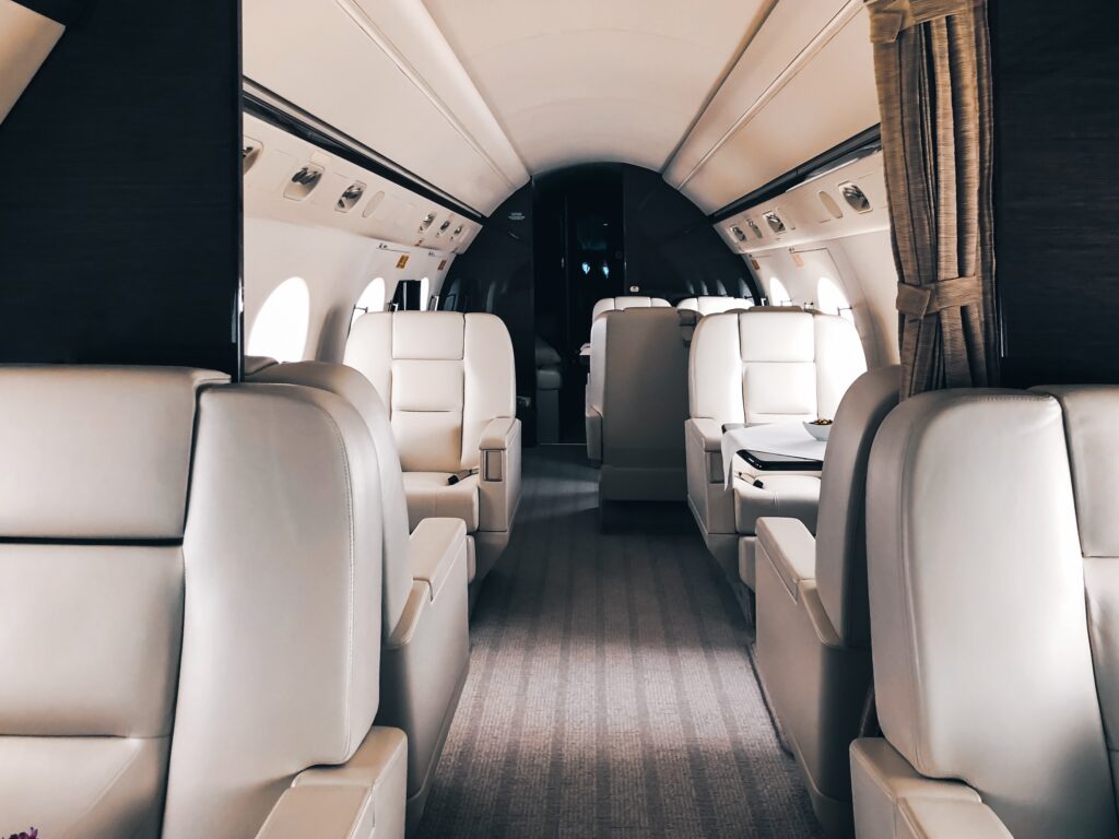 Gulfstream interior cabin from front looking towards rear