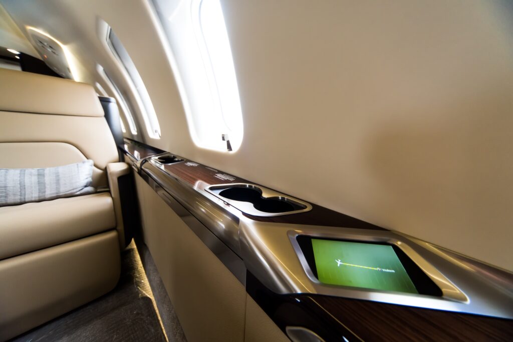 Close up view of inflight entertainment on Bombardier aircraft