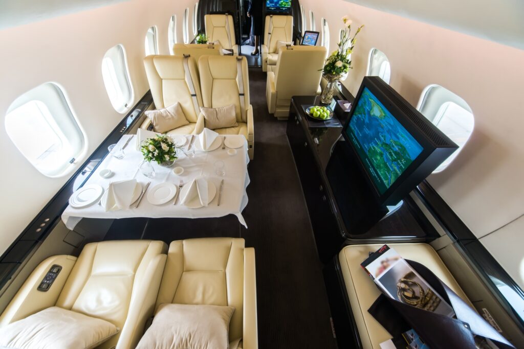 Luxury interior in bright colors in the private business jet