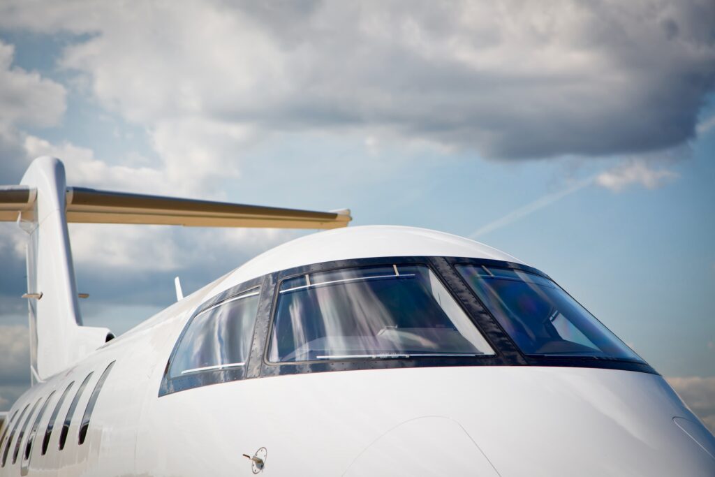 Close up of white Hawker windshield
