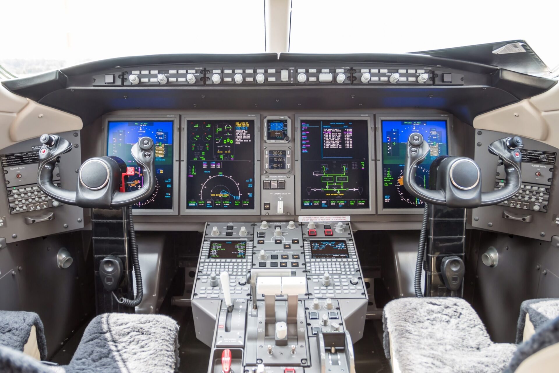 Bombardier Challenger cockpit with avionics powered on