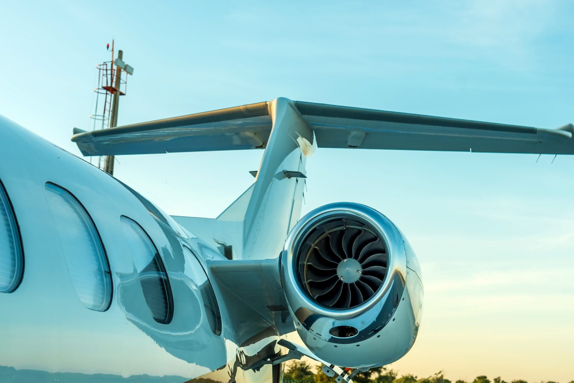 Close up view of rear tail and engine of private jet