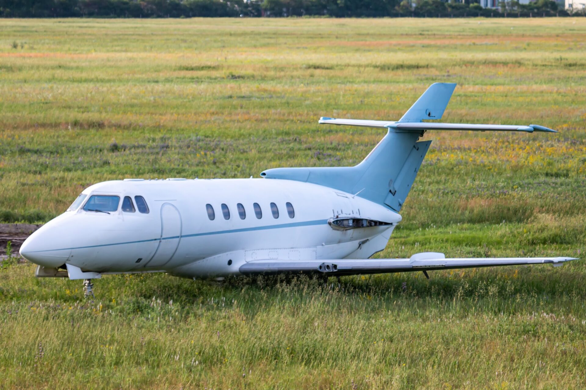 Hawker 800 crashed private jet in a field with no engines