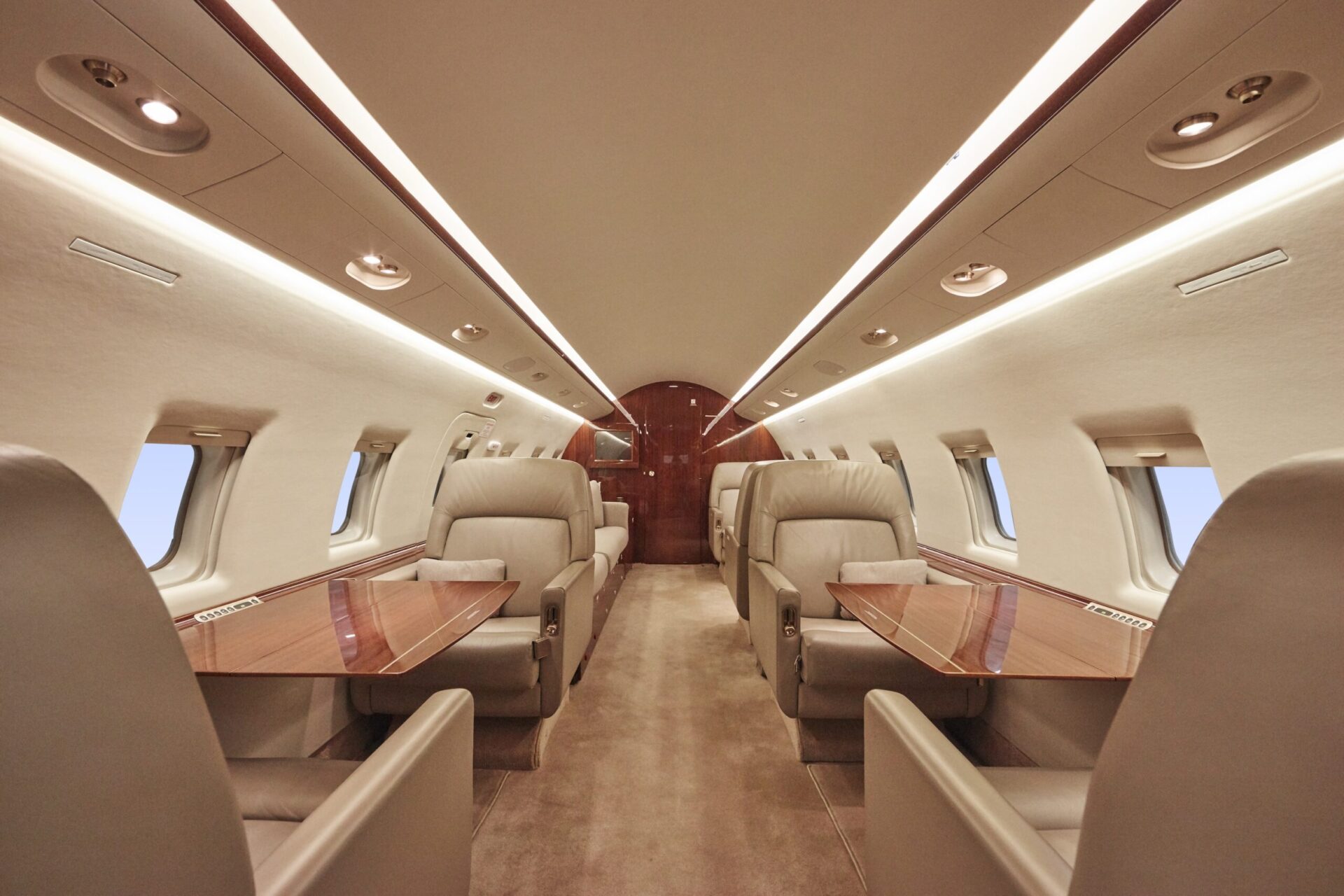 large jet interior from front of cabin looking back