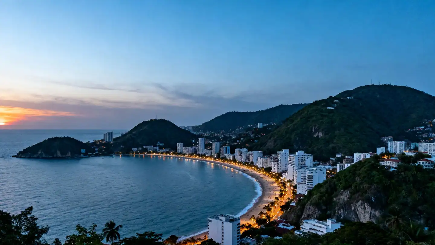 Acapulco Bay: a curving bay ringed by green hills and white buildings at dusk