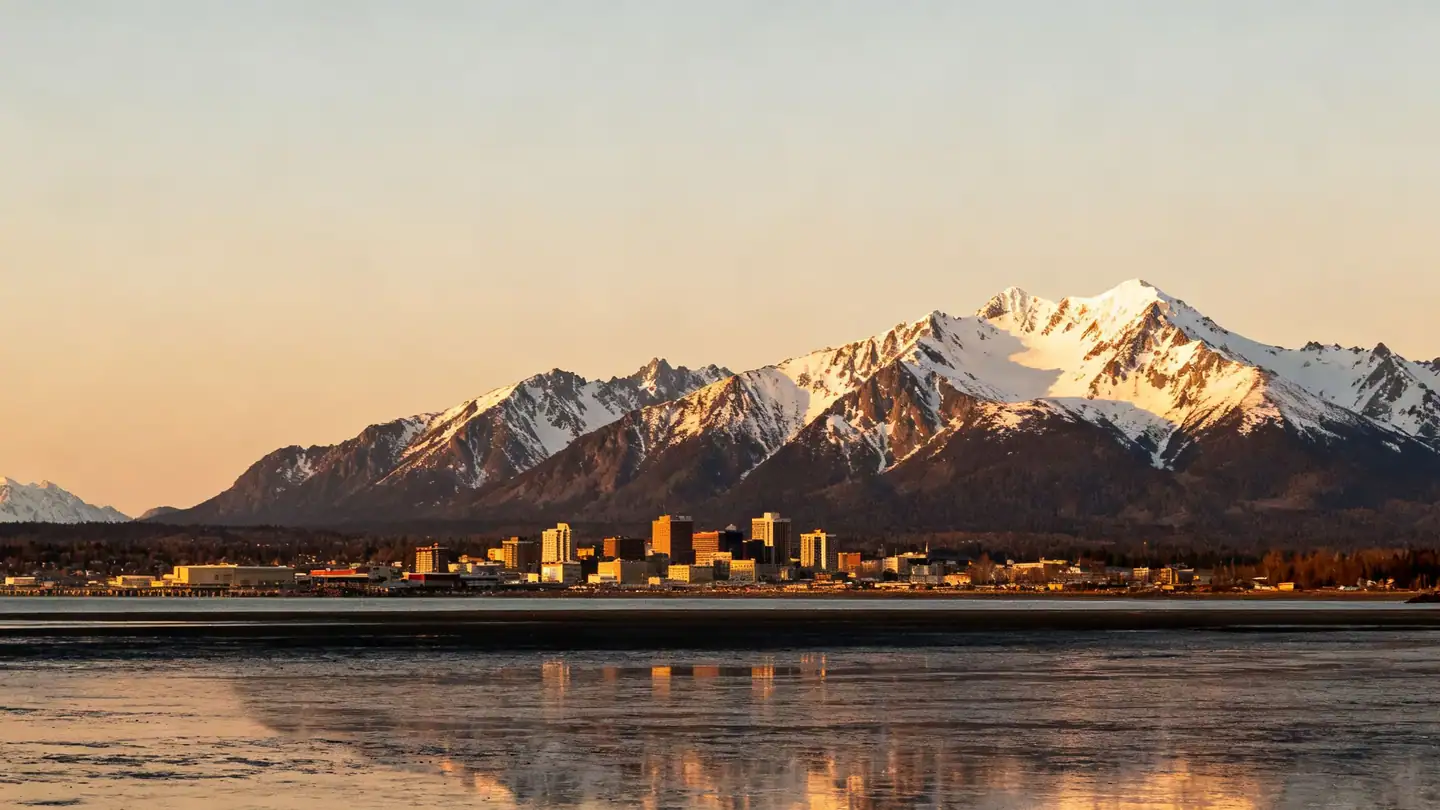 Anchorage: the Chugach Mountains snow-capped above Cook Inlet in golden-hour light