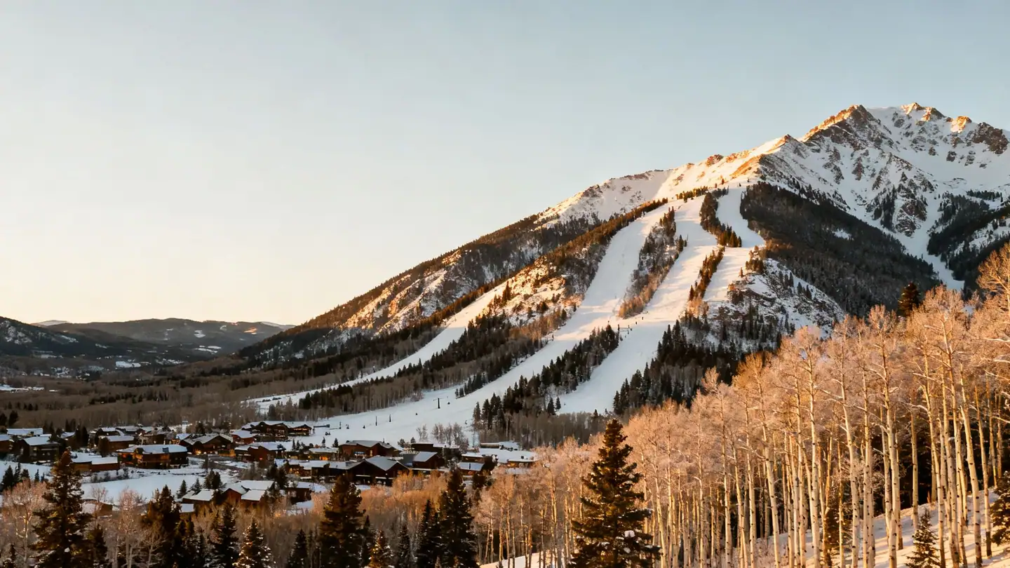 Aspen, Colorado in winter: snow-covered Rocky Mountain peaks and ski runs above a small mountain town in a valley in late-afternoon winter light