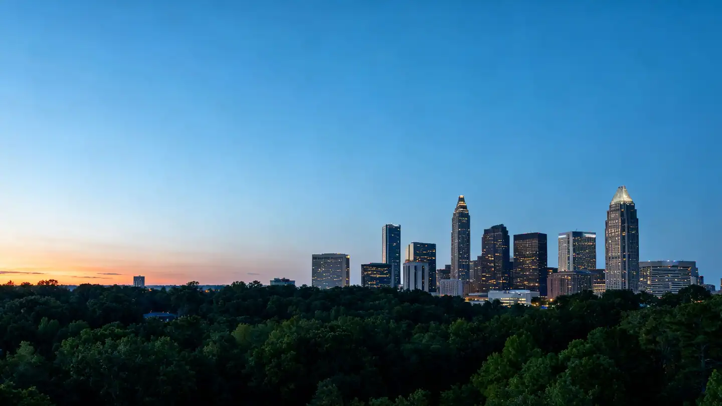 The Atlanta skyline rising above a dense green tree canopy at dusk