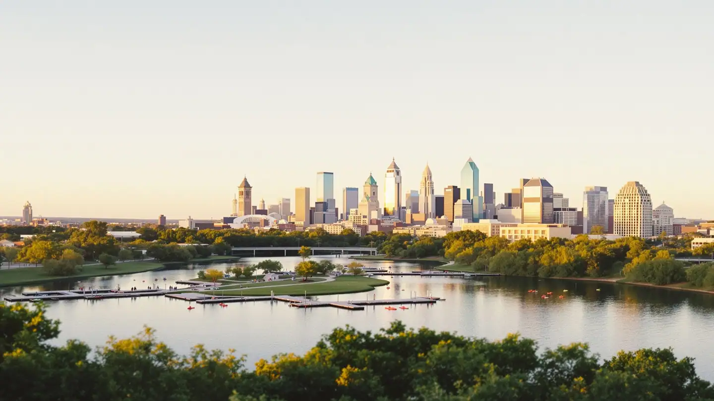 The Austin skyline over Lady Bird Lake with kayakers' docks and green banks at sunset