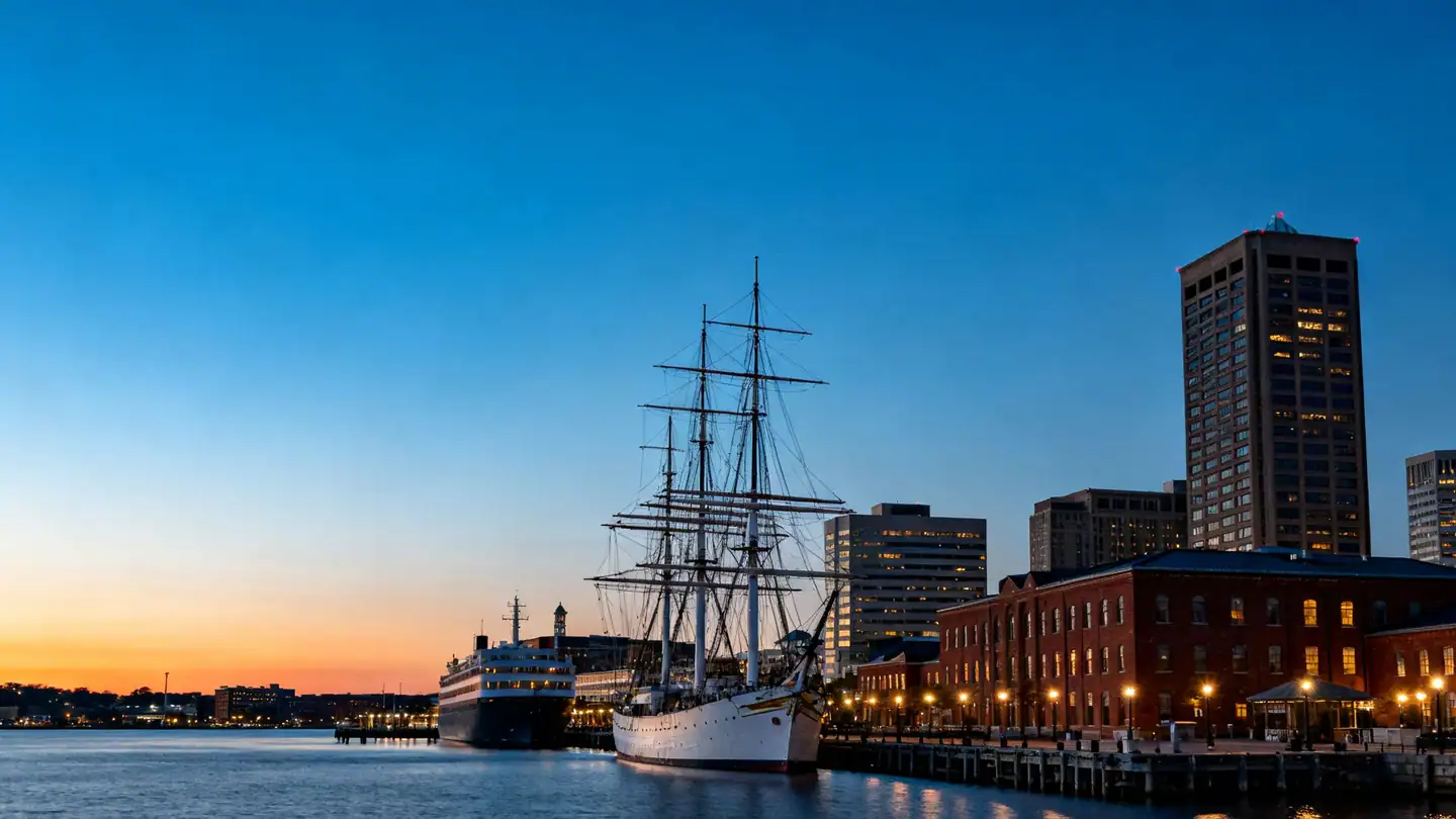 Baltimore's Inner Harbor with historic ships and brick waterfront buildings at dusk