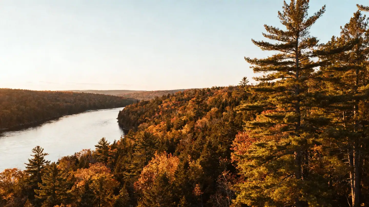 The Penobscot River valley in Maine: dense pine forest and autumn color in golden-hour light