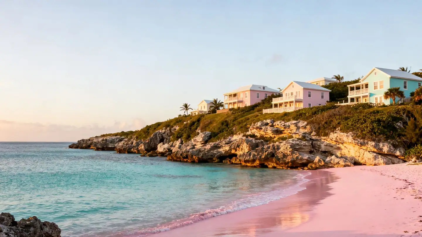 Bermuda: pink-sand cove with limestone rocks in golden-hour light