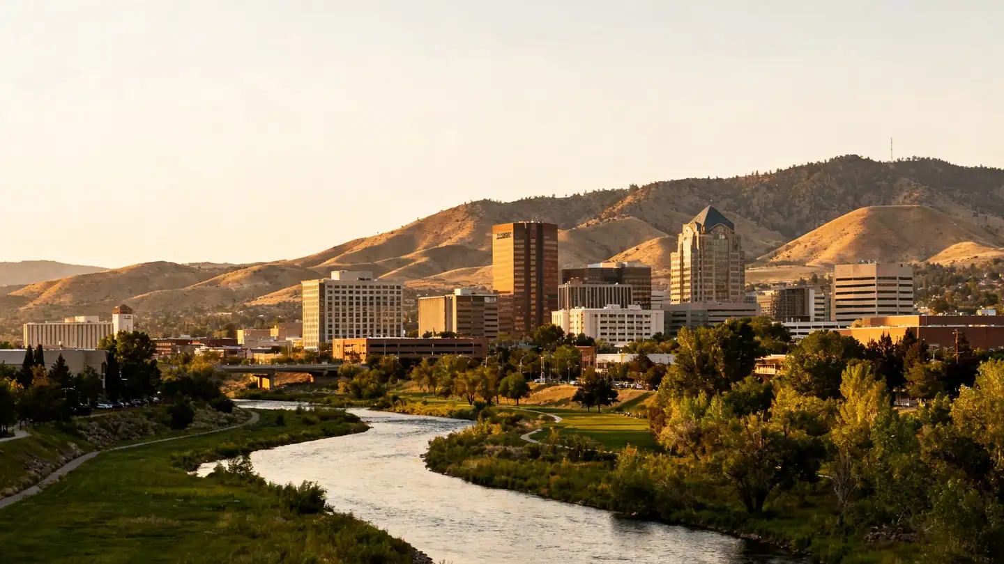 Boise, Idaho: the Boise River greenbelt with foothills behind the downtown in golden-hour light