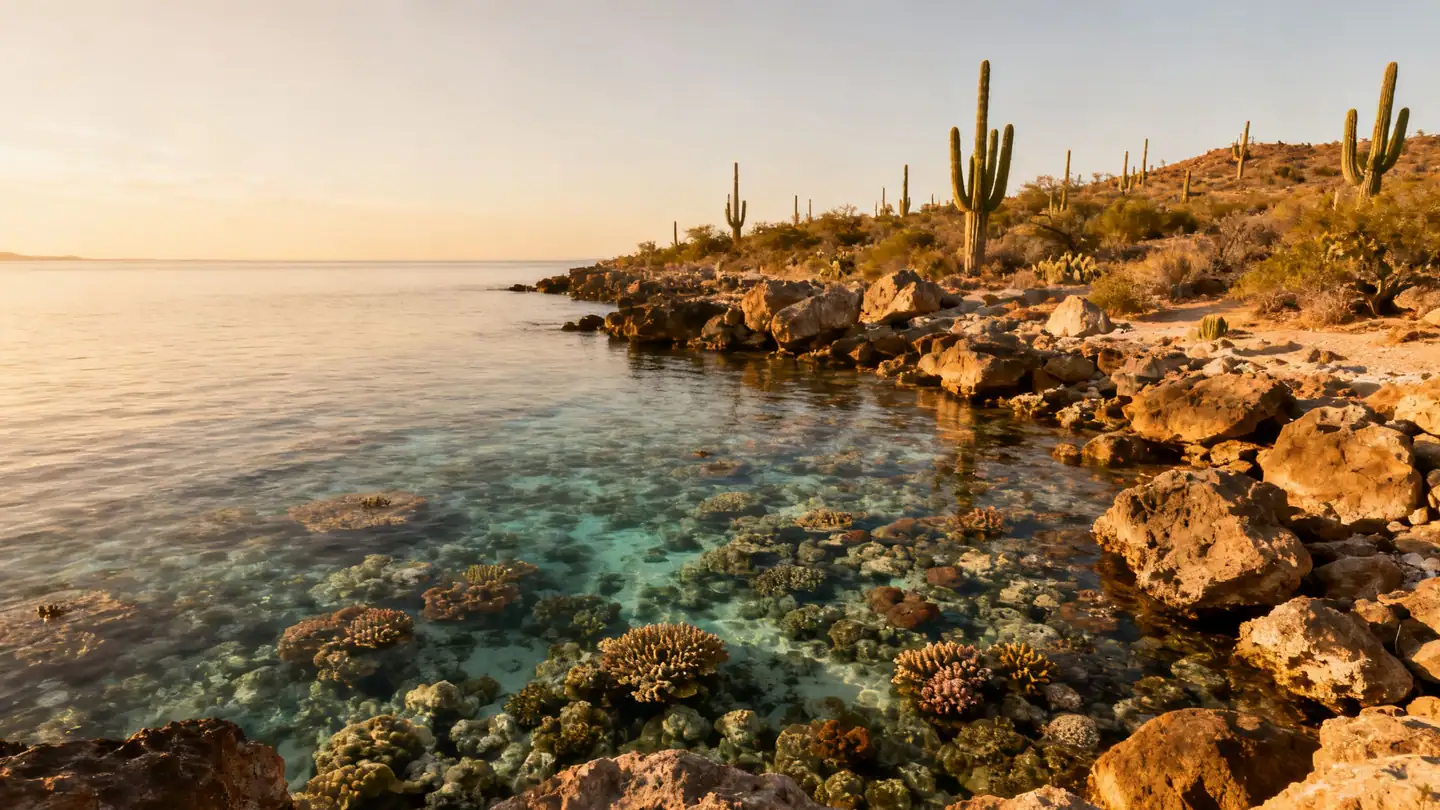 Bonaire: a rocky shore with crystal clear water over coral and a desert-cactus landscape in golden-hour light