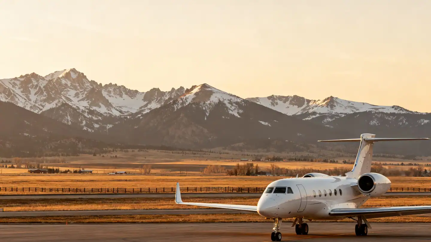 The Gallatin Valley near Bozeman, Montana: open ranchland below snow-capped mountain ranges in golden-hour light, a white business jet on the ramp in front