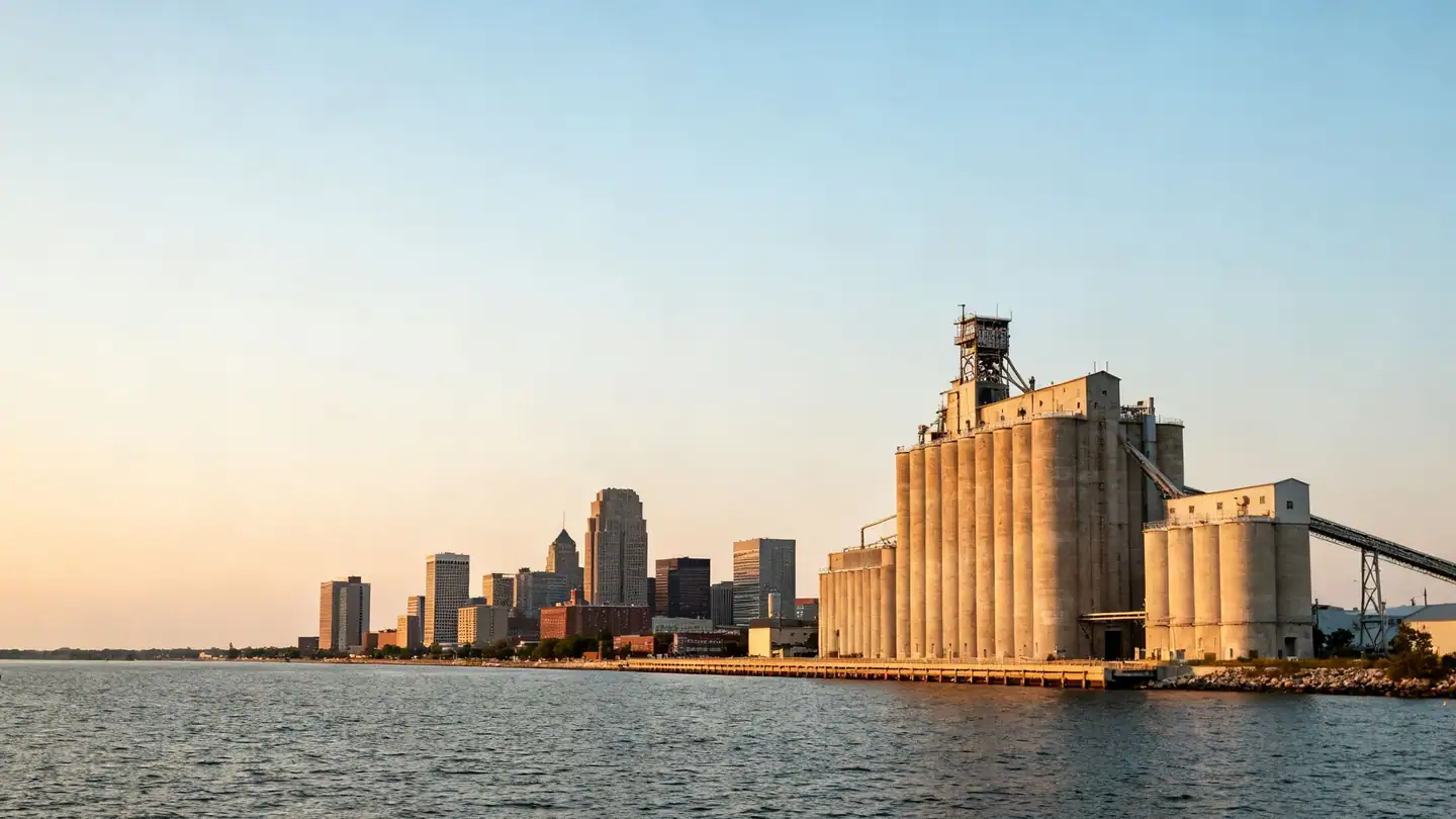Buffalo: the Lake Erie waterfront with grain elevators and the city skyline at sunset