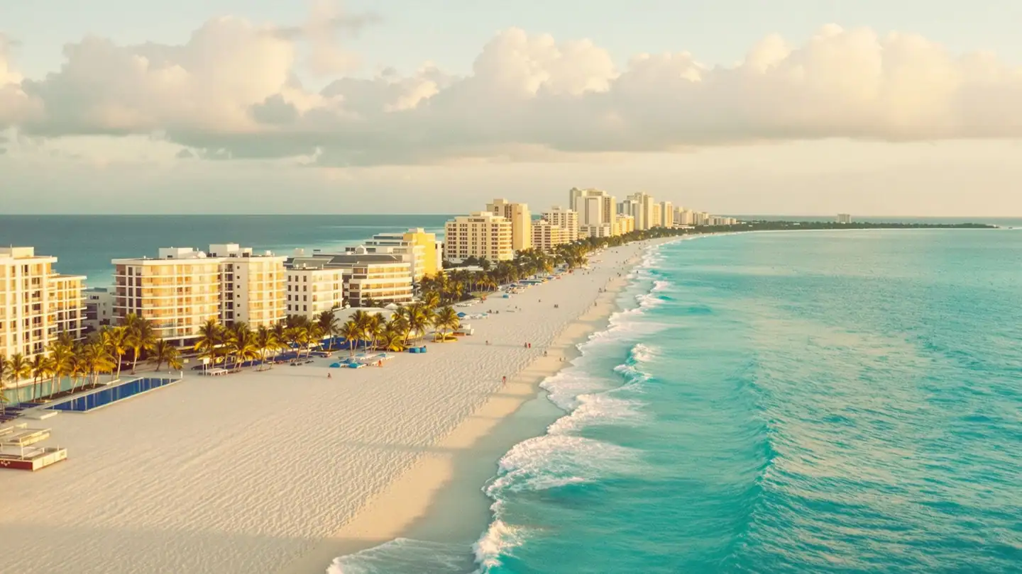 Cancun's hotel zone beach: a long white-sand beach with clear turquoise Caribbean water and low resort buildings in golden-hour light