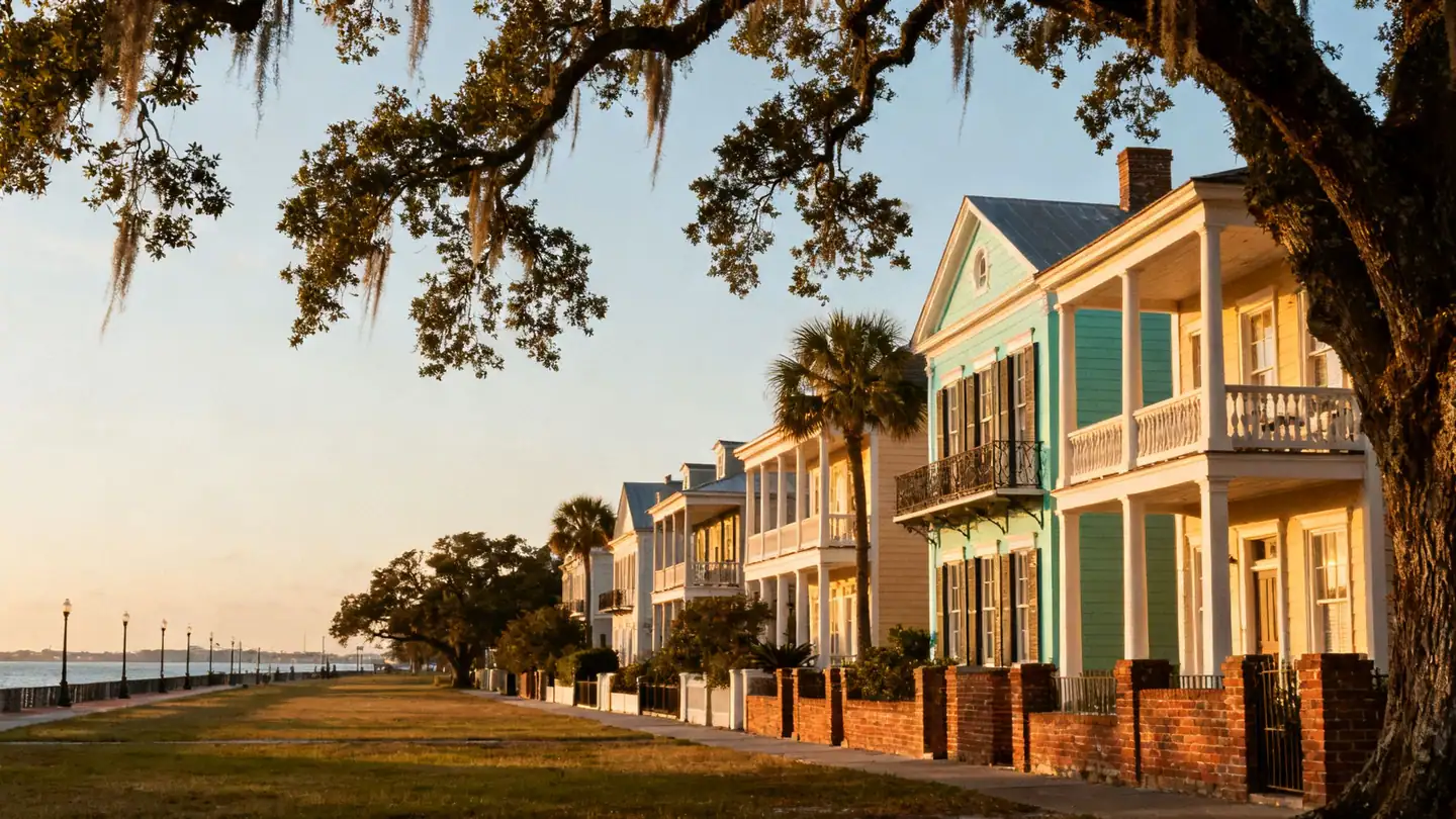 Charleston: pastel row houses along the Battery with live oaks and the harbor in golden-hour light