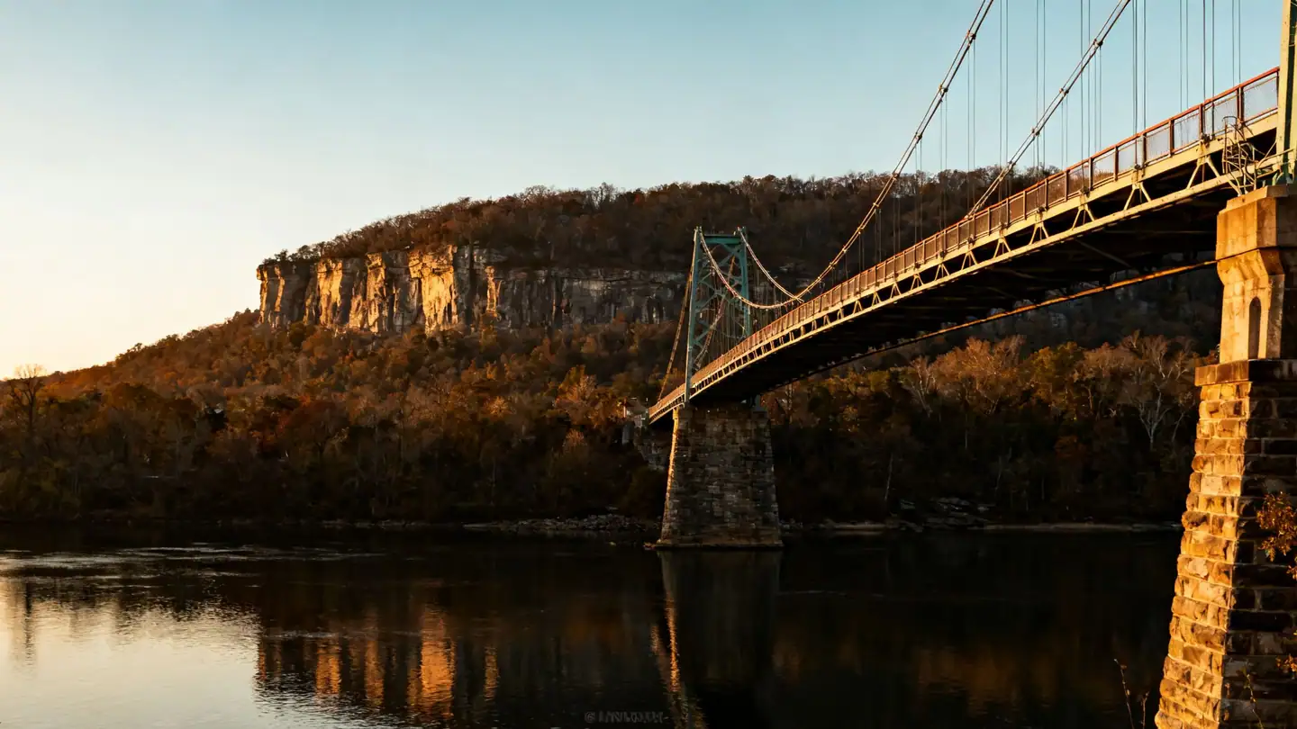 Chattanooga: the Tennessee River below Lookout Mountain with a pedestrian bridge at sunset