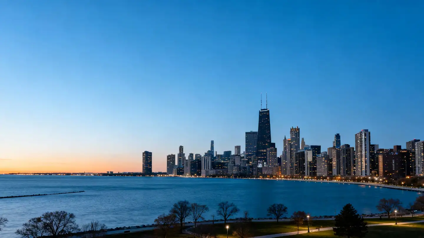The Chicago skyline along Lake Michigan at dusk