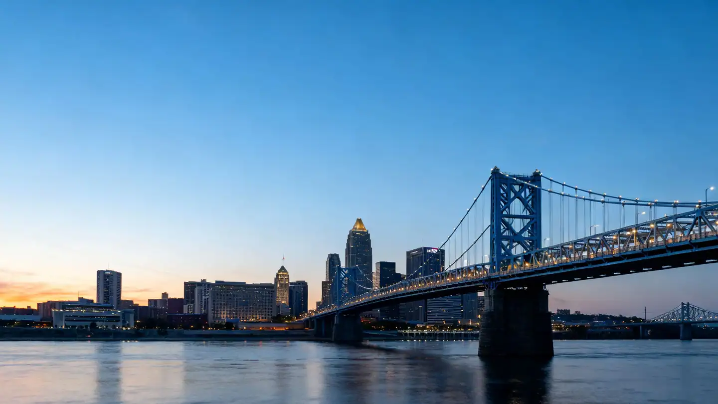 The Cincinnati skyline across the Ohio River with a blue suspension bridge at dusk