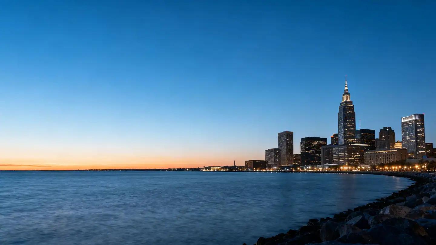 The Cleveland skyline over the Lake Erie shoreline at dusk