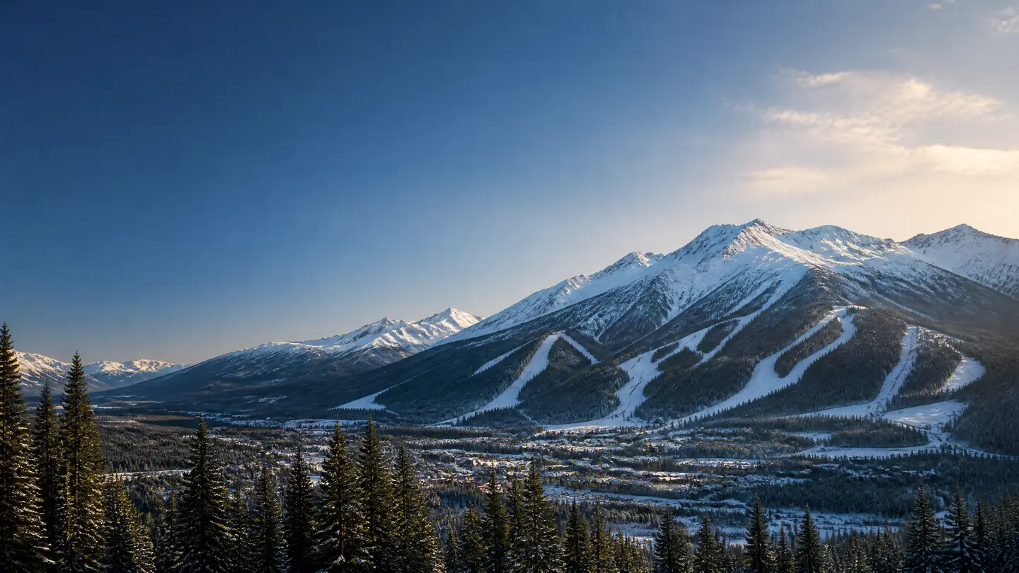 The Colorado Rockies in winter: snow-covered peaks and ski runs above a forested valley town in late-afternoon light