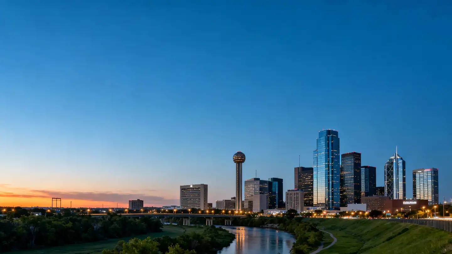The downtown Dallas skyline with its glass towers and the Trinity River greenbelt in the foreground at dusk