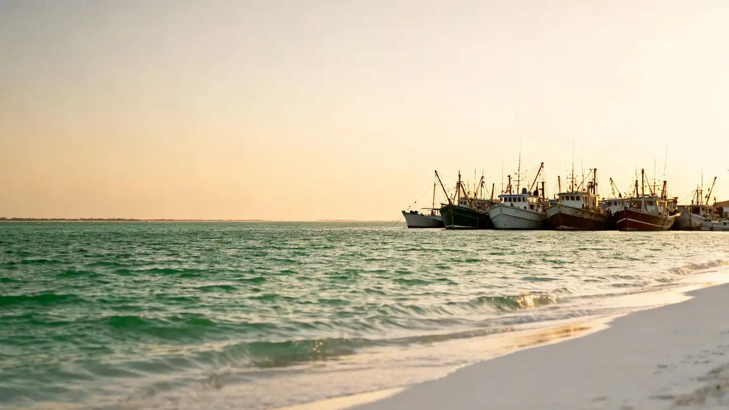 Destin, Florida: emerald-green Gulf water over white sand and a harbor of fishing boats in golden-hour light