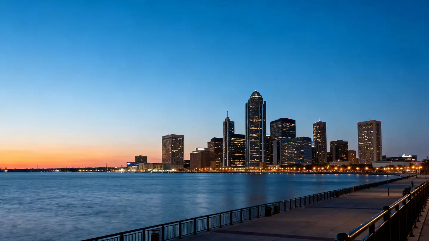 The Detroit skyline across the Detroit River with a riverwalk at dusk