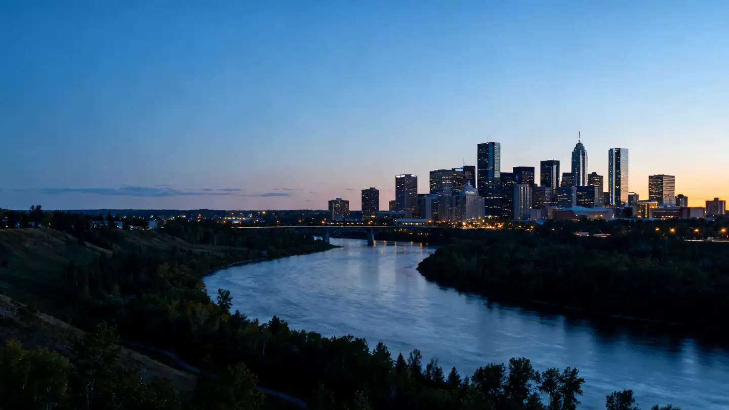 Edmonton: the North Saskatchewan River valley and downtown skyline at dusk