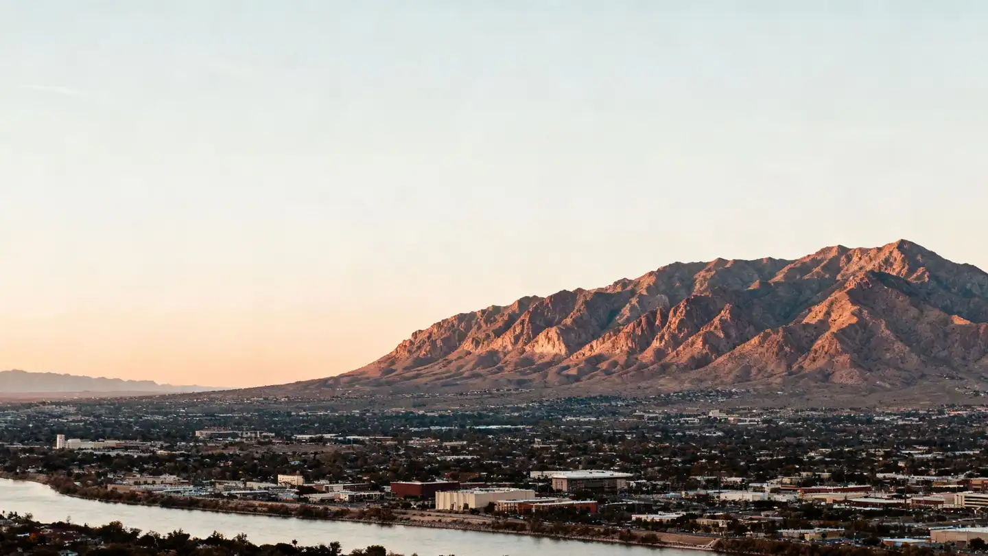 El Paso: the Franklin Mountains above the city on the Rio Grande at sunset