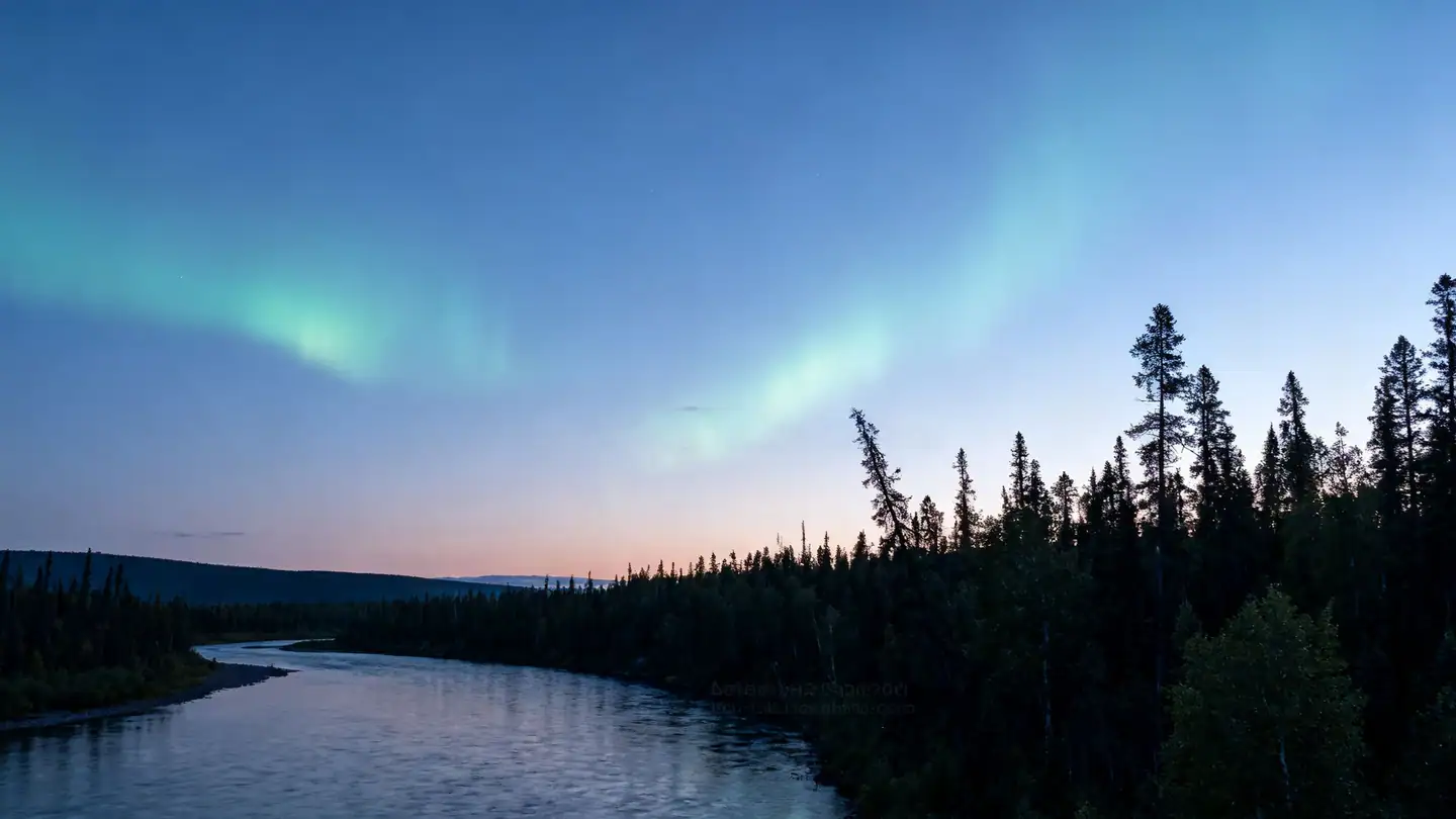 The Alaskan interior near Fairbanks: a boreal forest and river with the aurora faint in the sky at twilight