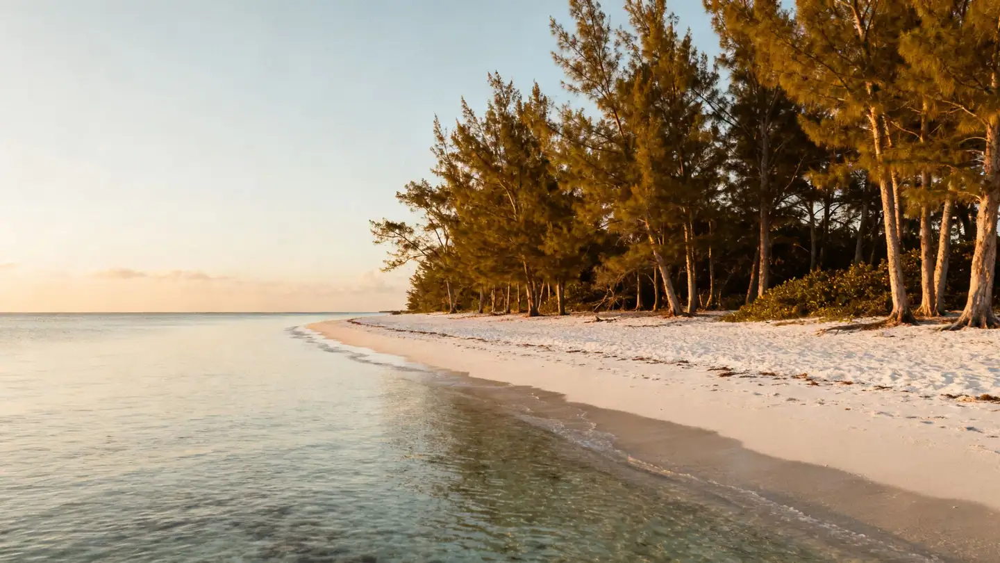 Grand Bahama: a quiet white beach with pines and clear shallow water in golden-hour light