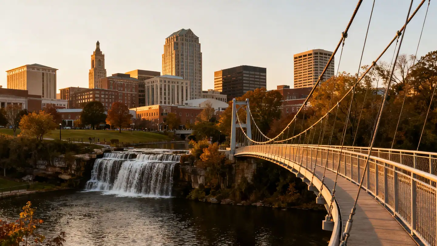 Greenville, South Carolina: a waterfall in a downtown park with a curved suspension footbridge in golden-hour light