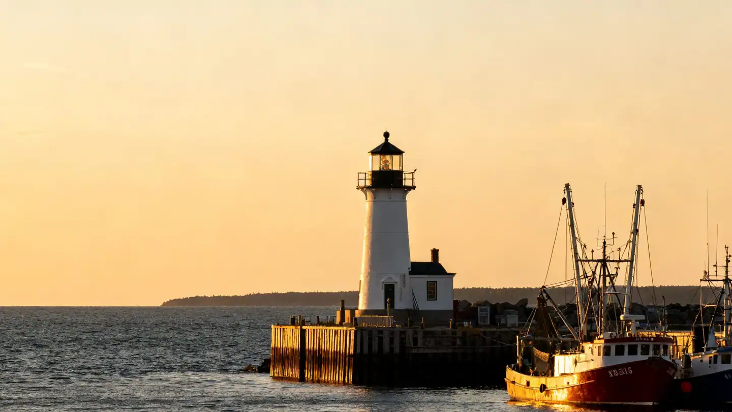 Halifax harbour with a lighthouse and fishing boats on the Atlantic
