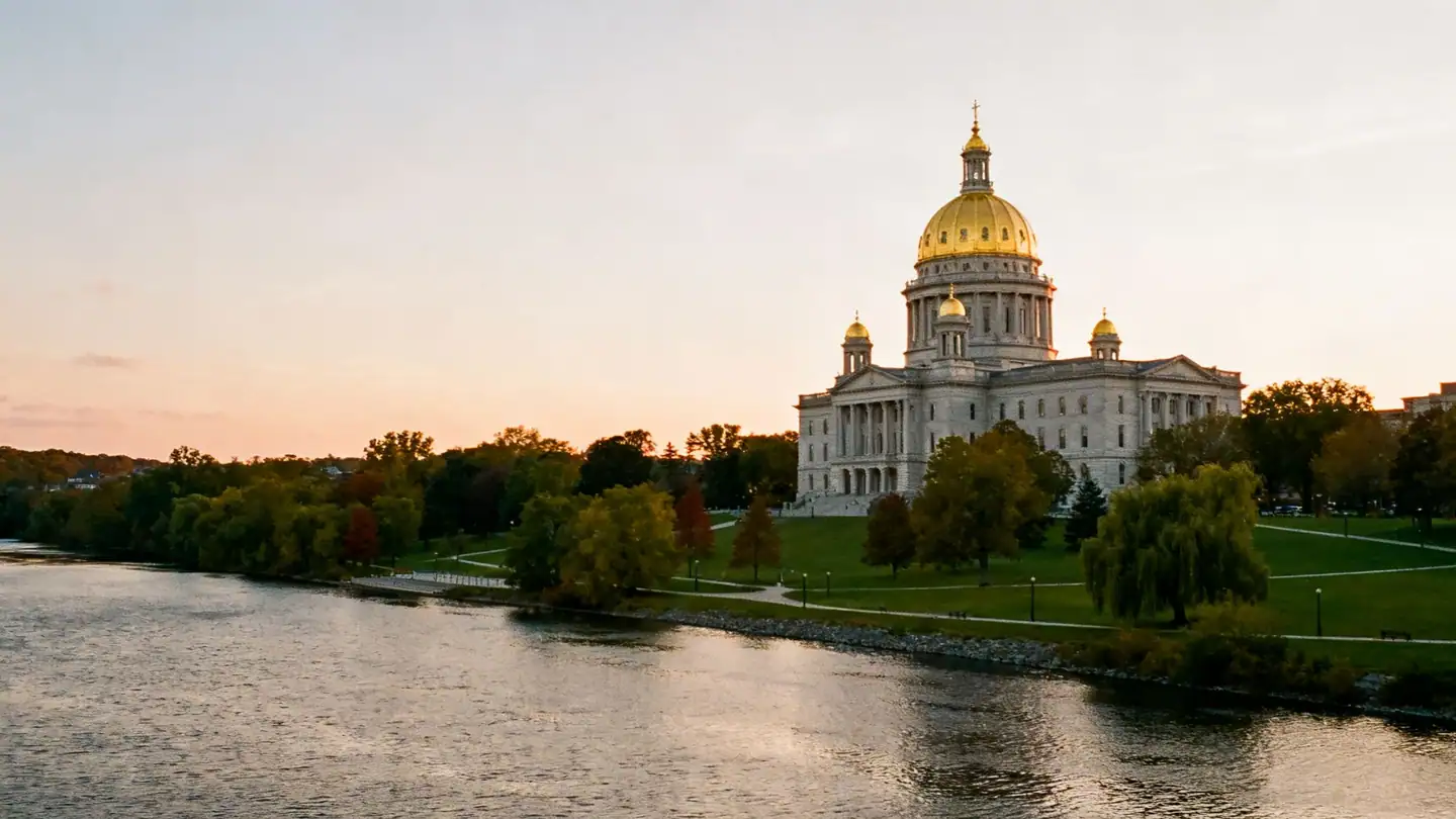 Hartford: the Connecticut River and a gold-domed capitol building in a park at sunset